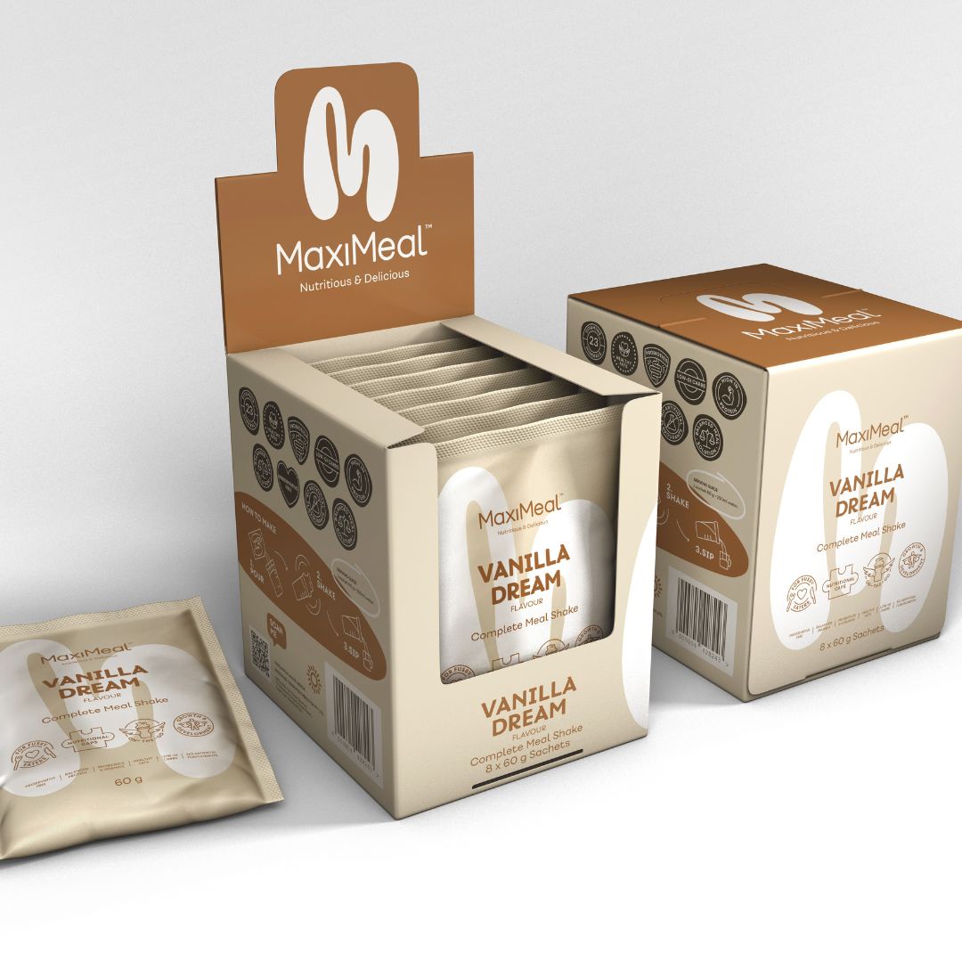 MaxiMeal Vanilla Dream complete meal shake display box, retail box of 8 sachets, and individual 60g sachet, showing all three available purchase formats.